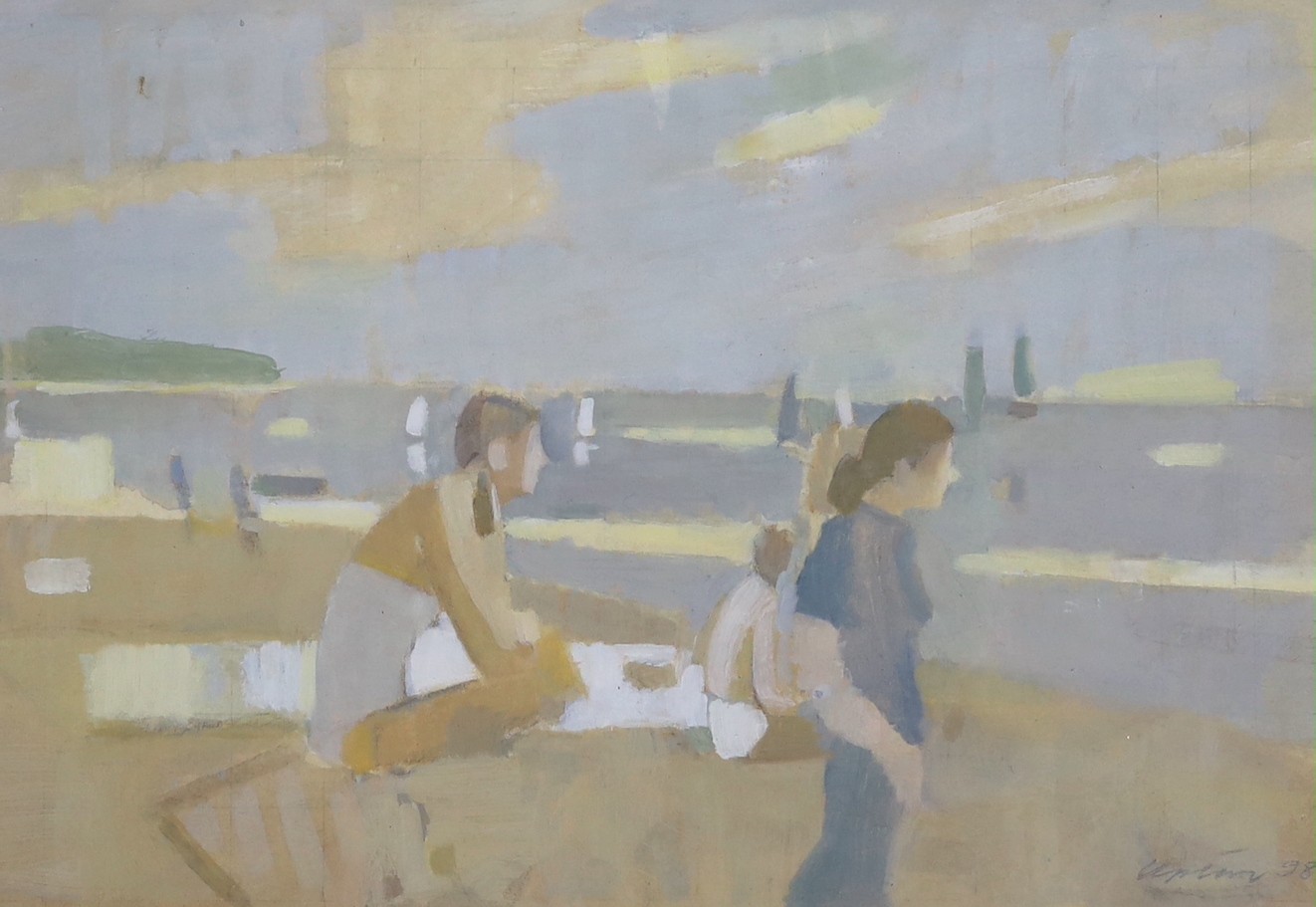 Wilfred Knox (1889-1966), watercolour, 'Unloading barges on the beach (Dutch Pinks)', signed, 26 x 36cm